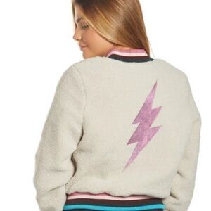 Cream Sherpa Bomber Jacket with Striped Trim